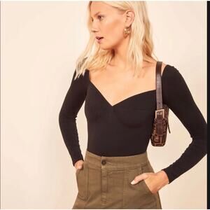 REFORMATION Heather Long Sleeve Sweetheart Neck Bodysuit Black, X-Small